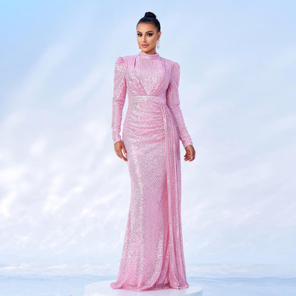 Robe Longue de Soirée à Paillettes – Manches Longues, Col Rond, Slim et Élégante