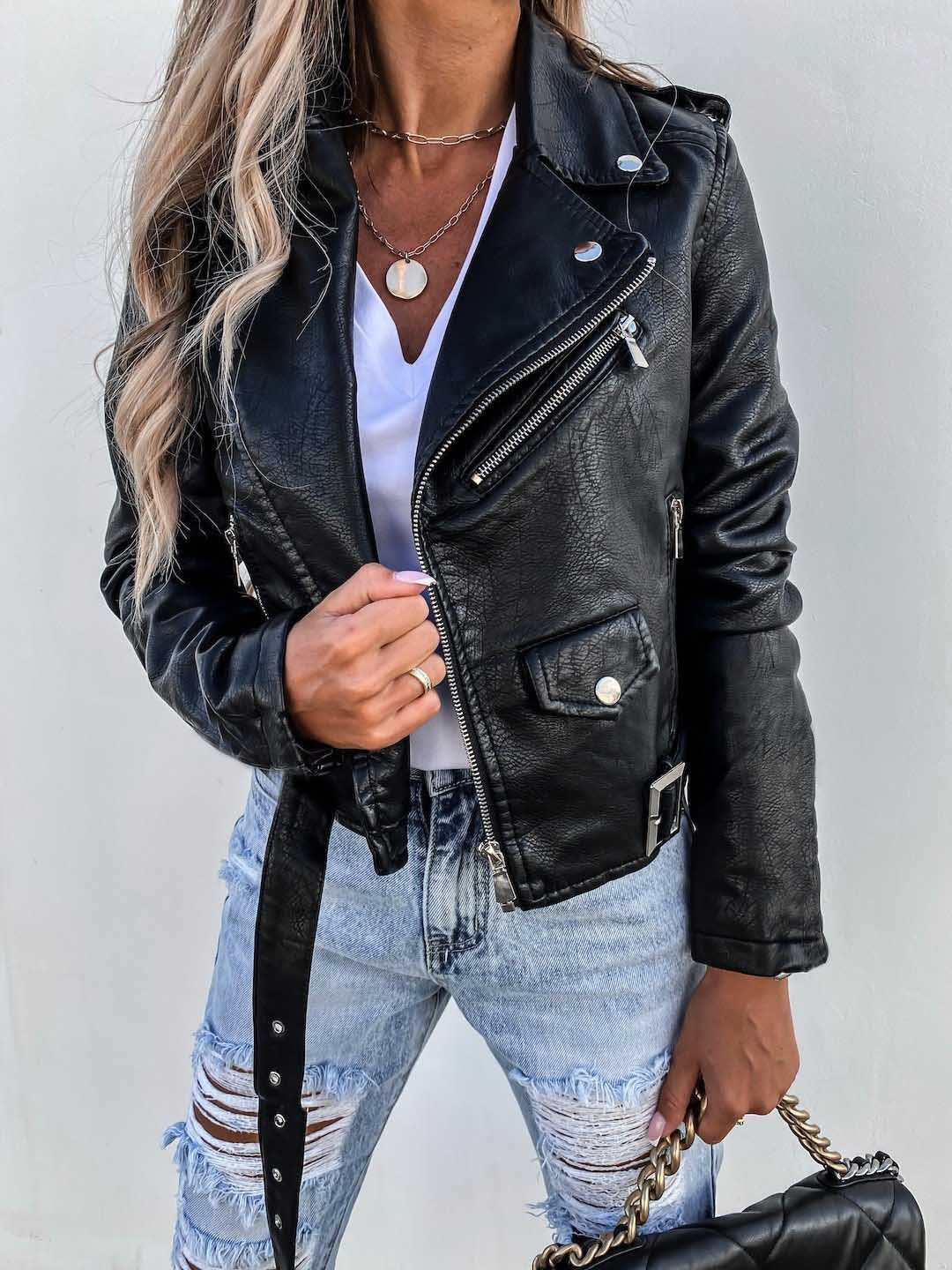 Veste Femme en Simili Cuir et Polyester – Manches Longues – Couleurs Noir et Rouge – Tailles M à 3XL