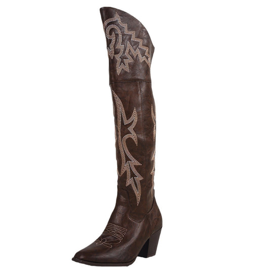 Bottes Femme Western en Denim au-dessus du Genou – Bout Carré, Fermeture Éclair Latérale, Talon Haut