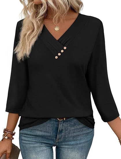 T-shirt Femme Automne – Col V Boutonné, Manches Longues, Style Décontracté Chic