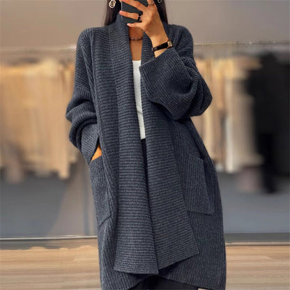 Cardigan Femme Élégant en Maille Polyester Épaisse avec Poche - Coupe Ample - S à XL