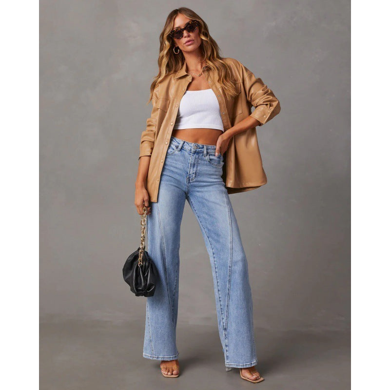 Jean Femme Large – Patchwork Denim, Taille Mi-haute, Style Casual Japonais et Coréen