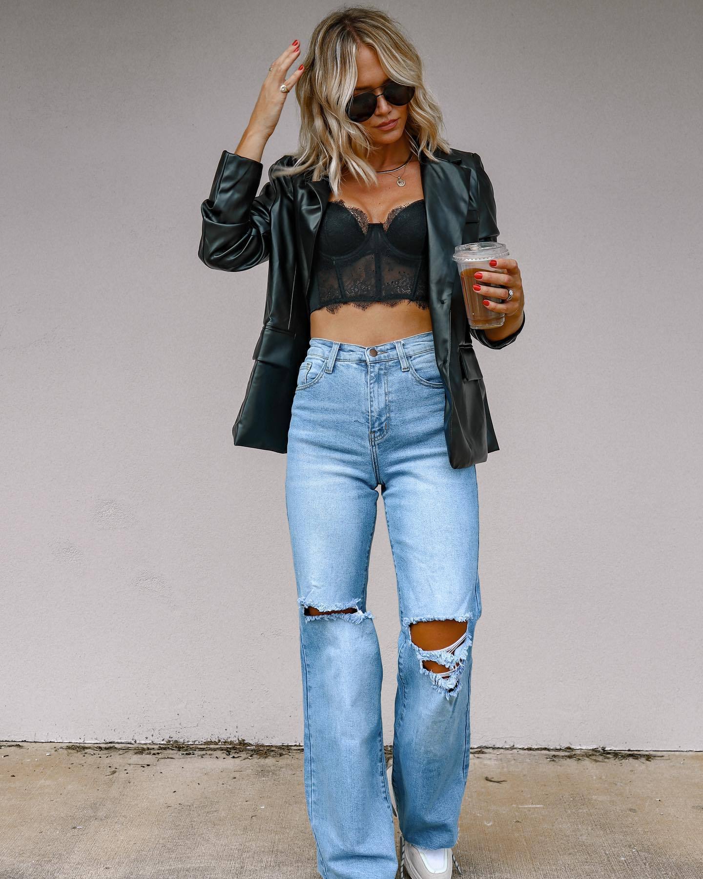 Jean Femme Style Européen et Américain – Taille Haute, Effet Déchiré, Coupe Droite