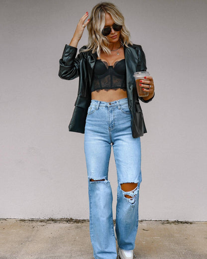 Jean Femme Style Européen et Américain – Taille Haute, Effet Déchiré, Coupe Droite
