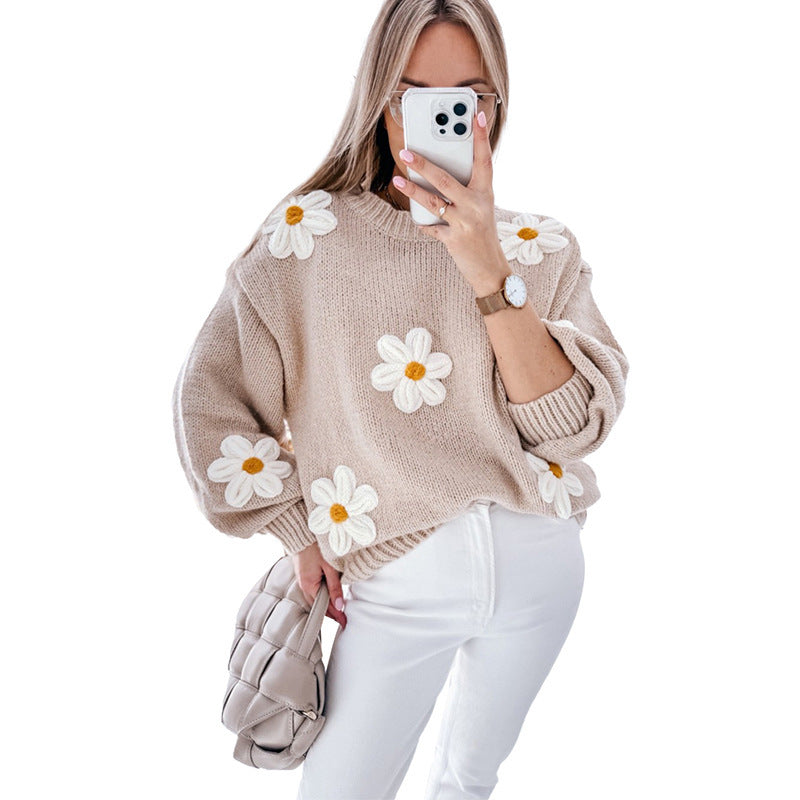 Pull Femme Tricoté à Col Rond – Motif Floral, Couleurs Contrastées, Style Décontracté