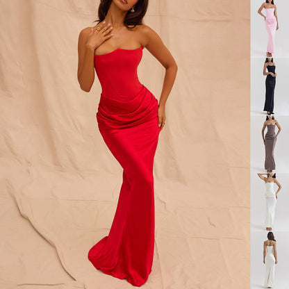 Robe Longue Femme Bustier – Bandeau Sexy, Sans Manches, Dos Nu, Soirée & Cocktail