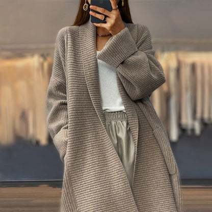 Cardigan Femme Élégant en Maille Polyester Épaisse avec Poche - Coupe Ample - S à XL