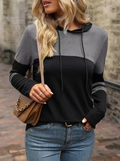 Pull à Capuche Femme – Manches Longues, Couture Contrastée, Style Décontracté