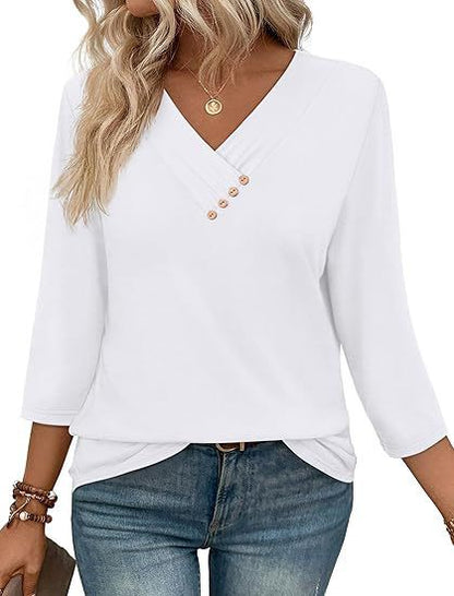 T-shirt Femme Automne – Col V Boutonné, Manches Longues, Style Décontracté Chic