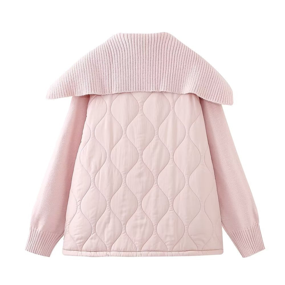 Manteau Femme Style Européen & Américain – Décontracté, Col Marin, Patchwork en Maille