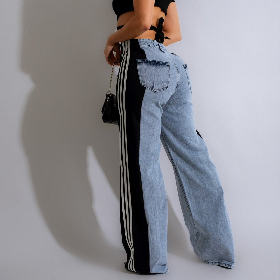 Jean Femme Streetwear – Taille Haute, Coupe Large, Patchwork 3 Bandes, Denim Casual