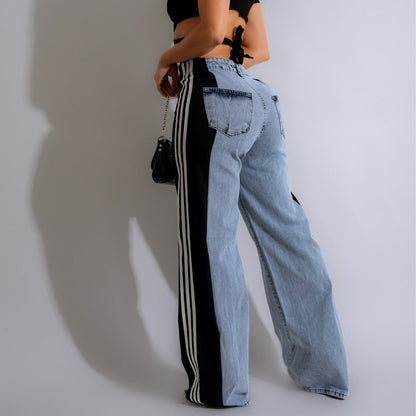Jean Femme Streetwear – Taille Haute, Coupe Large, Patchwork 3 Bandes, Denim Casual