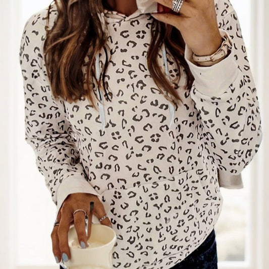 Sweat à Capuche Femme – Manches Longues, Motif Léopard, Style Décontracté