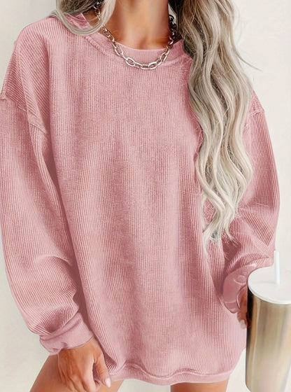 Sweatshirt Femme à Col Rond – Côtelé, Manches Longues, Couleur Unie, Avec Cordons