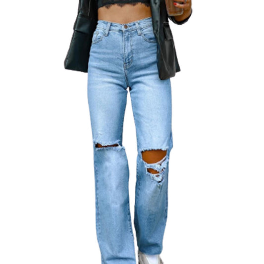 Jean Femme Style Européen et Américain – Taille Haute, Effet Déchiré, Coupe Droite