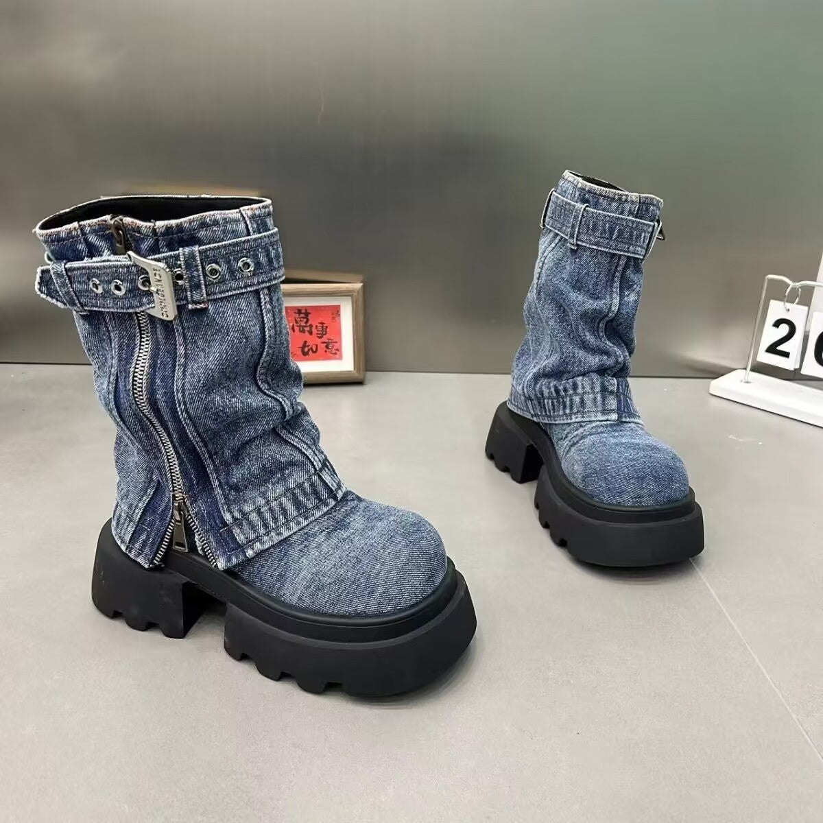 Bottes Martin en Jean pour Femme – Style Moto, Bout Rond, Talon Bas