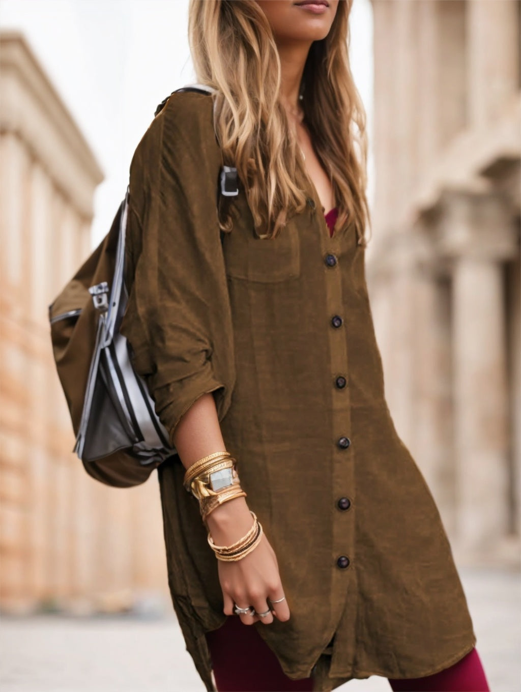 Chemise Femme Minimaliste – Manches Longues, Boutons, Couleur Unie