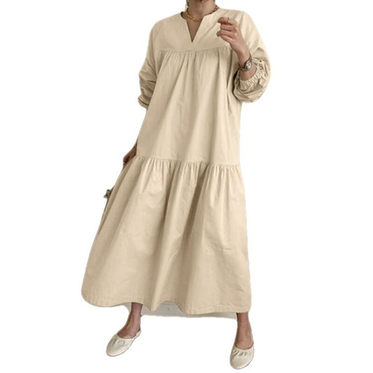 Robe Femme Swing à Col V – Manches Chemise, Style Rétro, Coton & Lin