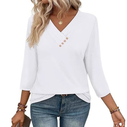 T-shirt Femme Automne – Col V Boutonné, Manches Longues, Style Décontracté Chic