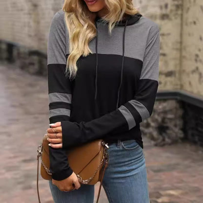 Pull à Capuche Femme – Manches Longues, Couture Contrastée, Style Décontracté