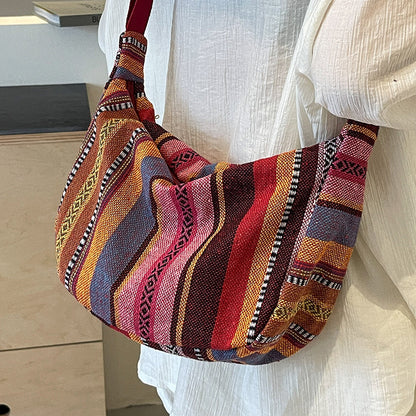 Grand Sac Bandoulière Femme – Style Ethnique à Grande Capacité en Toile Forme Dumpling