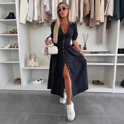 Robe Longue en Jean à Boutons – Col V & Manches Courtes Style Décontracté
