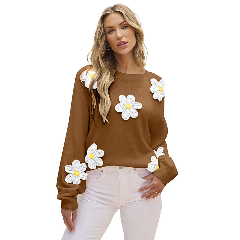 Pull Femme Tricoté à Col Rond – Motif Floral, Couleurs Contrastées, Style Décontracté