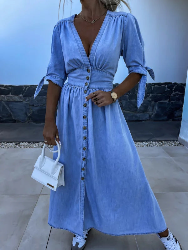 Robe Longue en Jean à Boutons – Col V & Manches Courtes Style Décontracté