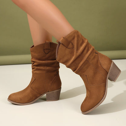 Bottes Femme Style Rétro Western – Mi-Mollet, Bout Pointu, Talon Épais, Tissu