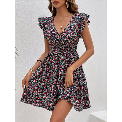 Robe Femme à Volants – Imprimé Floral, Taille Mi-haute, Manches Courtes