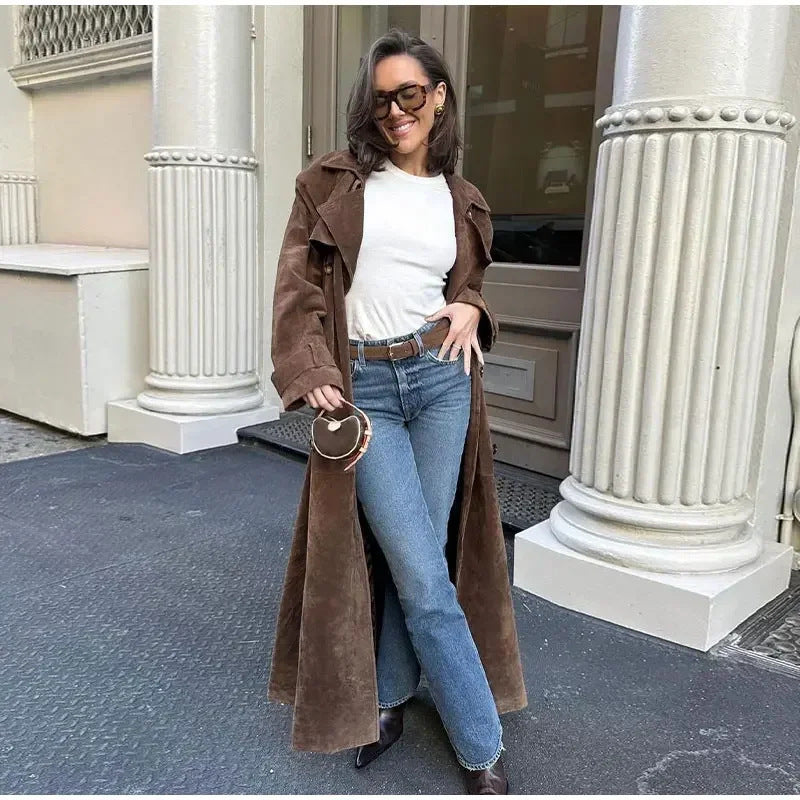 Manteau Long Femme à Ceinture – Style Rétro Artistique – Slim Fit