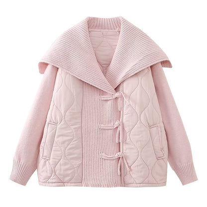 Manteau Femme Style Européen & Américain – Décontracté, Col Marin, Patchwork en Maille