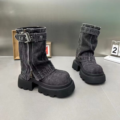 Bottes Martin en Jean pour Femme – Style Moto, Bout Rond, Talon Bas