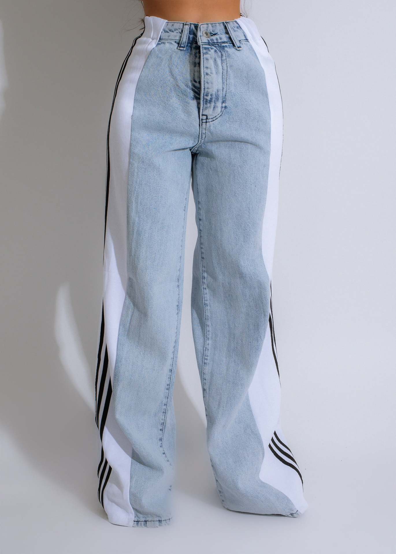 Jean Femme Streetwear – Taille Haute, Coupe Large, Patchwork 3 Bandes, Denim Casual