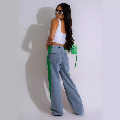 Jean Femme Streetwear – Taille Haute, Coupe Large, Patchwork 3 Bandes, Denim Casual