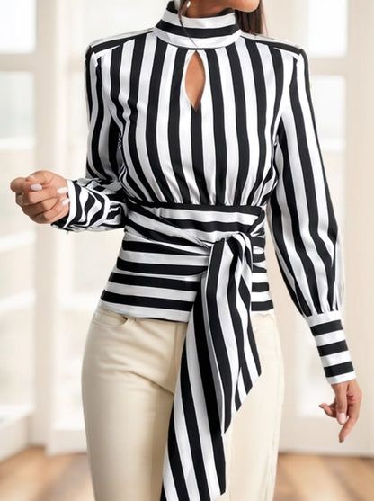 Top Femme Rayé – Manches Longues, Col Rond, Style Décontracté