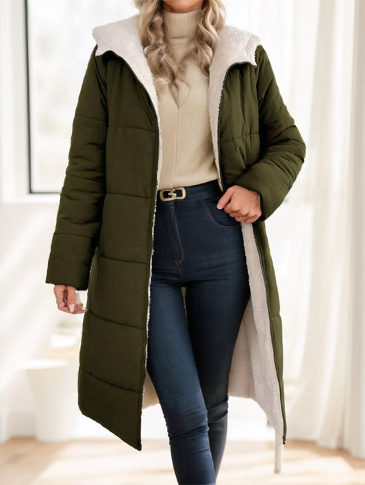 Manteau d’Hiver Femme à Capuche – Manches Longues, Zippé, Matelassé Coton