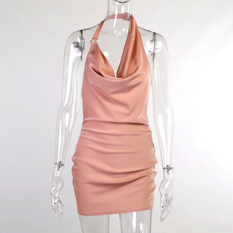 Robe de Fête en Satin Femme – Col V, Dos Nu, Mini Robe Sans Manches