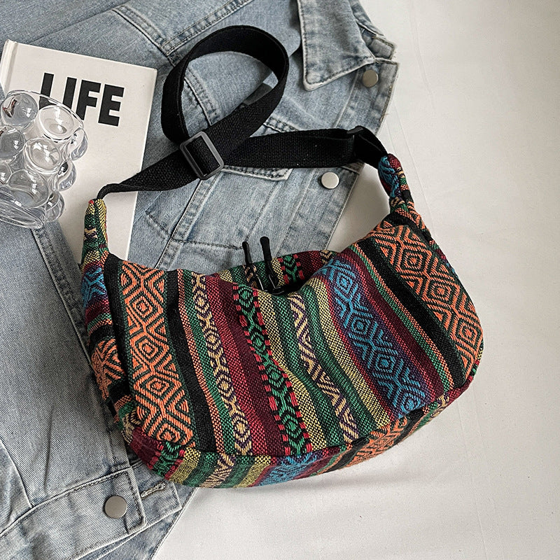 Grand Sac Bandoulière Femme – Style Ethnique à Grande Capacité en Toile Forme Dumpling