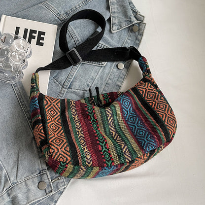 Grand Sac Bandoulière Femme – Style Ethnique à Grande Capacité en Toile Forme Dumpling