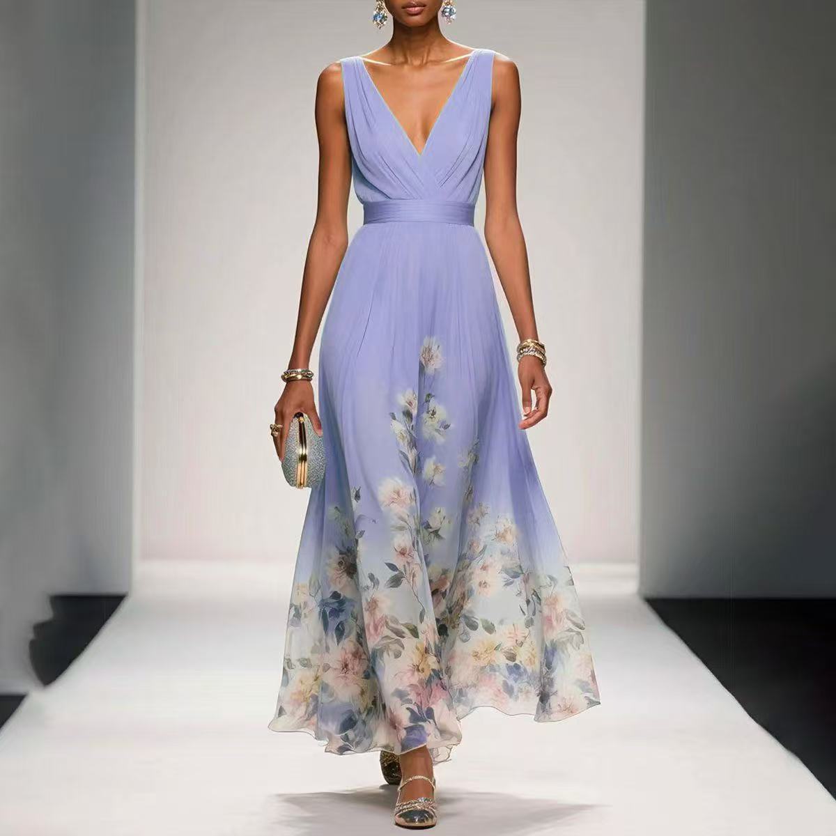 Robe Femme Chiffon Imprimée – Sans Manches, A-Line Longue, Style Sexy