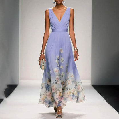 Robe Femme Chiffon Imprimée – Sans Manches, A-Line Longue, Style Sexy