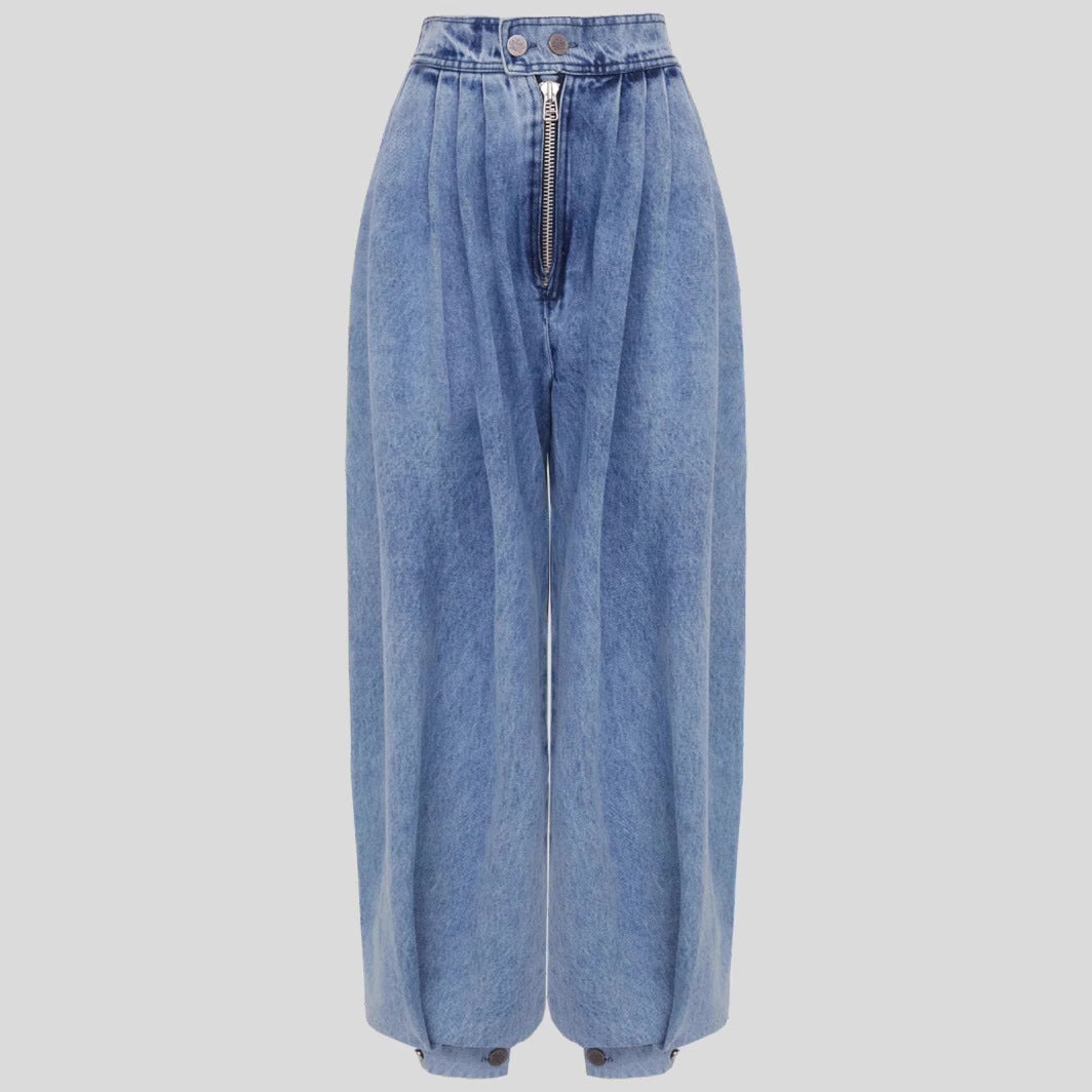 Pantalon Harem Décontracté Femme – Taille Haute Zippée en Jean
