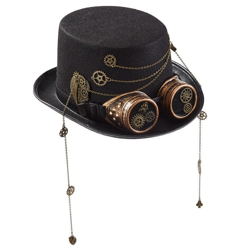 Chapeau Steampunk Punk – Topper à Couronne Plate – Feutre et Laine – Taille M
