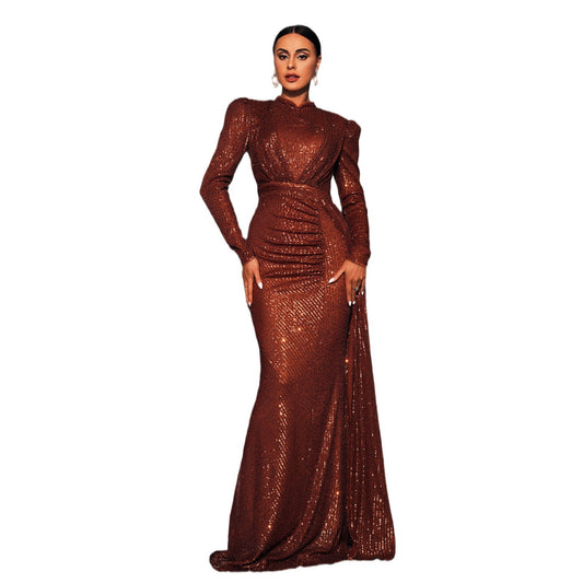 Robe Longue de Soirée à Paillettes – Manches Longues, Col Rond, Slim et Élégante