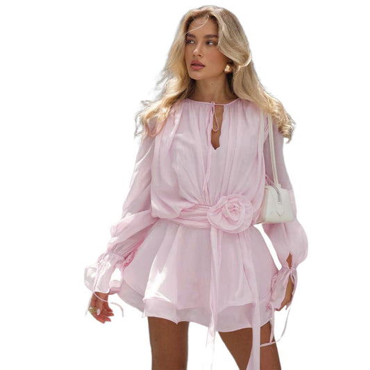 Robe Femme Ajustée à Fleurs – Col Rond, Manches Cloches, Style Européen et Américain