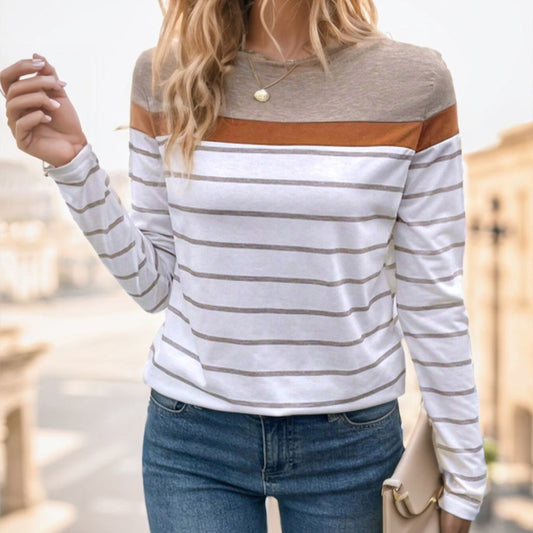 T-shirt Femme Rayé – Manches Longues, Col Rond, Style Décontracté