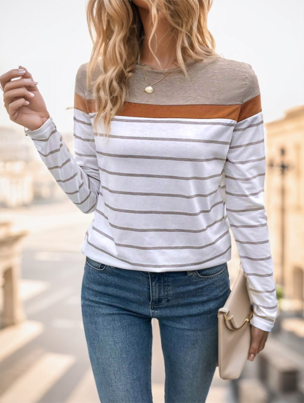 T-shirt Femme Rayé – Manches Longues, Col Rond, Style Décontracté