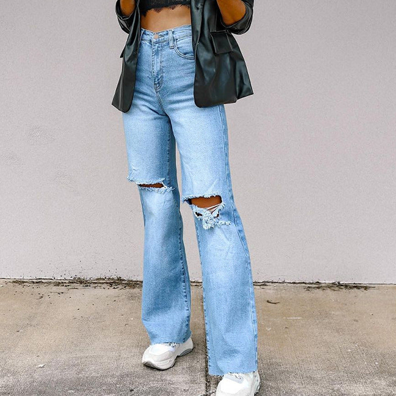 Jean Femme Style Européen et Américain – Taille Haute, Effet Déchiré, Coupe Droite