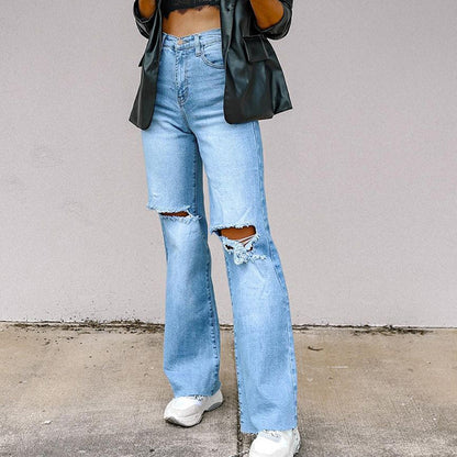Jean Femme Style Européen et Américain – Taille Haute, Effet Déchiré, Coupe Droite